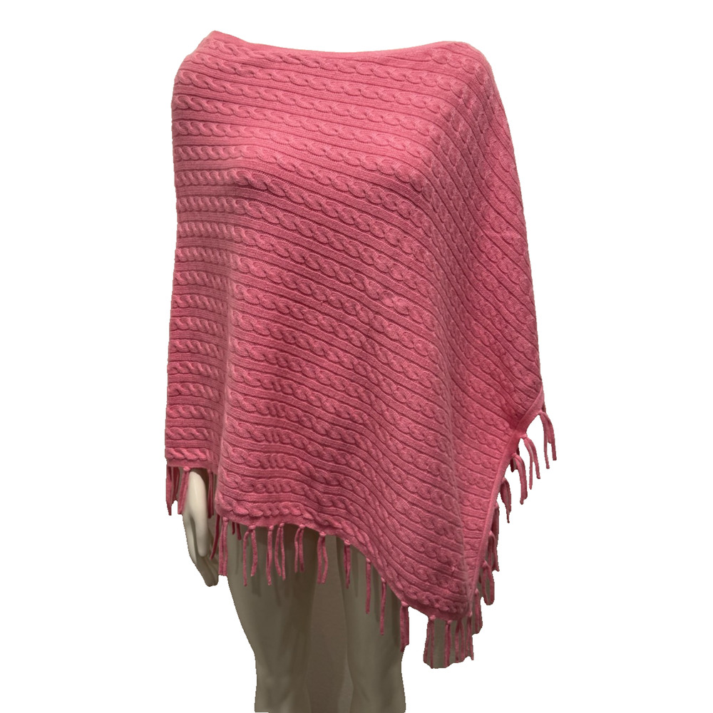 NWT Real Clothes Silk Cashmere Pink Poncho Shawl Cape Cable Knit OS Fringe